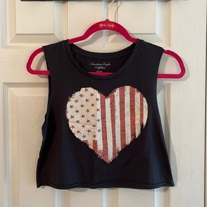 American Eagle crop American flag heart tee shirt